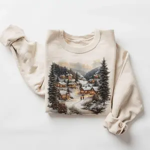 Retro Christmas Winter Rural Sports Shirt -90s Mountain Pine Decorated Cottage Pullover CottonRAIMENTRY