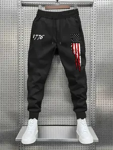 Men's Flag Pattern Digital Print Sports Pants, Flagship Track Pants, Loose Fit Elastic Waistband Design, Comfortable Casual Wear for Spring & Fall, Athleisure Style Bottoms
