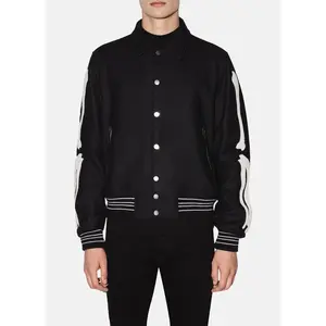 Mens Deep Black Bone Design Varsity Jacket