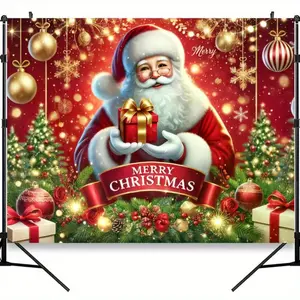 Christmas Photography Backdrop Santa Claus with Gift Festive Decor Polyester 3D Effect 4x6 Holiday Party Studio Lighting Photo Booth Background