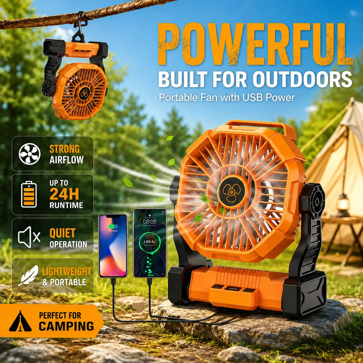 Portable Rechargeable Camping Fan - Cordless, Adjustable Rotating, 270° Oscillating, LED Lantern, Portable Charger, Outdoor Gadgets for Camping, RV Use