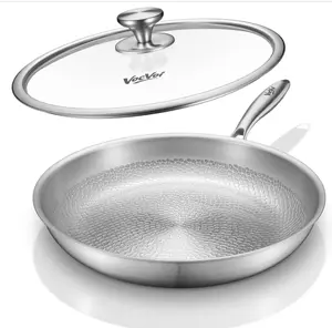 Stick with lid,12" Uncoated Hammered titanium pro frying pan, PFAS Free Cookware