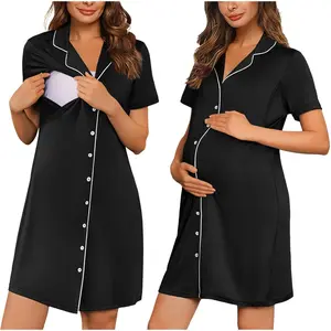 Button Down Nursing Nightgown V Neck Breastfeeding Dress Short Sleeve Classic Maternity Pajamas