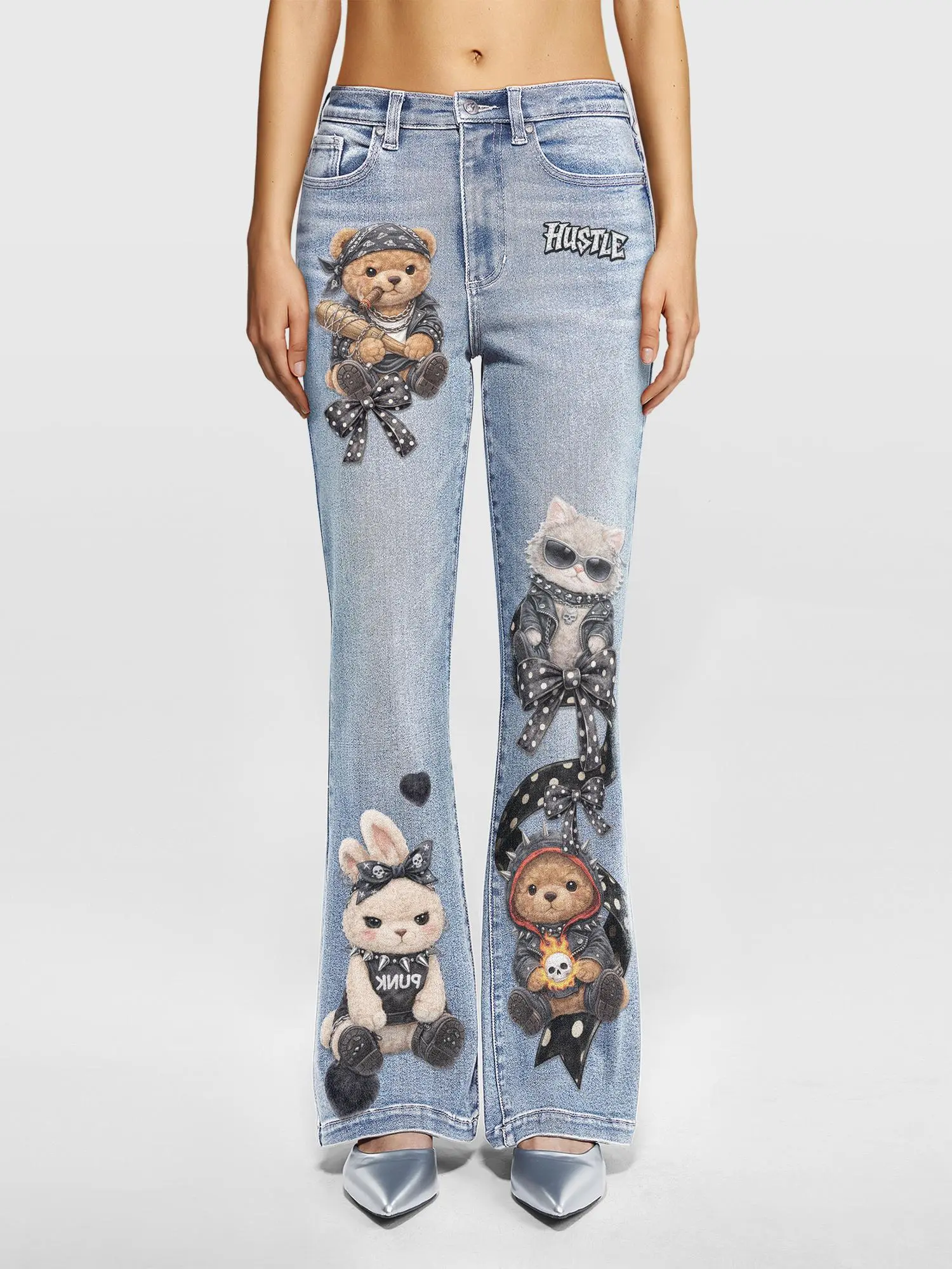 Jr Jeanius Wear Women's High Waist High Stretch  Baggy Soul Flare Light Blue Wash Seam Detail Straight  Denim Jeans, Cool Cartoon Bear Cat Rabbit Bow Print Pants, Summer Streetwear Dating Pull On Slim Fly Casual Outfits,Push Up Soft Cotton Figure Starched