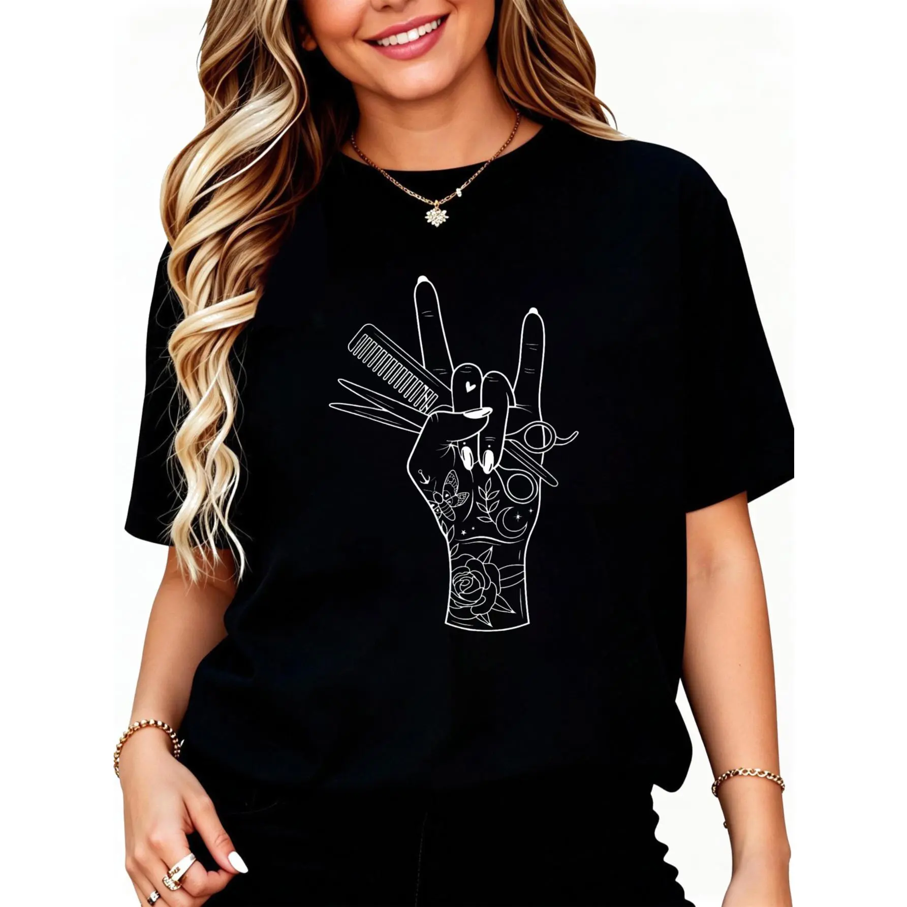100% Cotton Hair Hustler Rock On Hand Barber Hairstylist Hairdresser T-Shirt