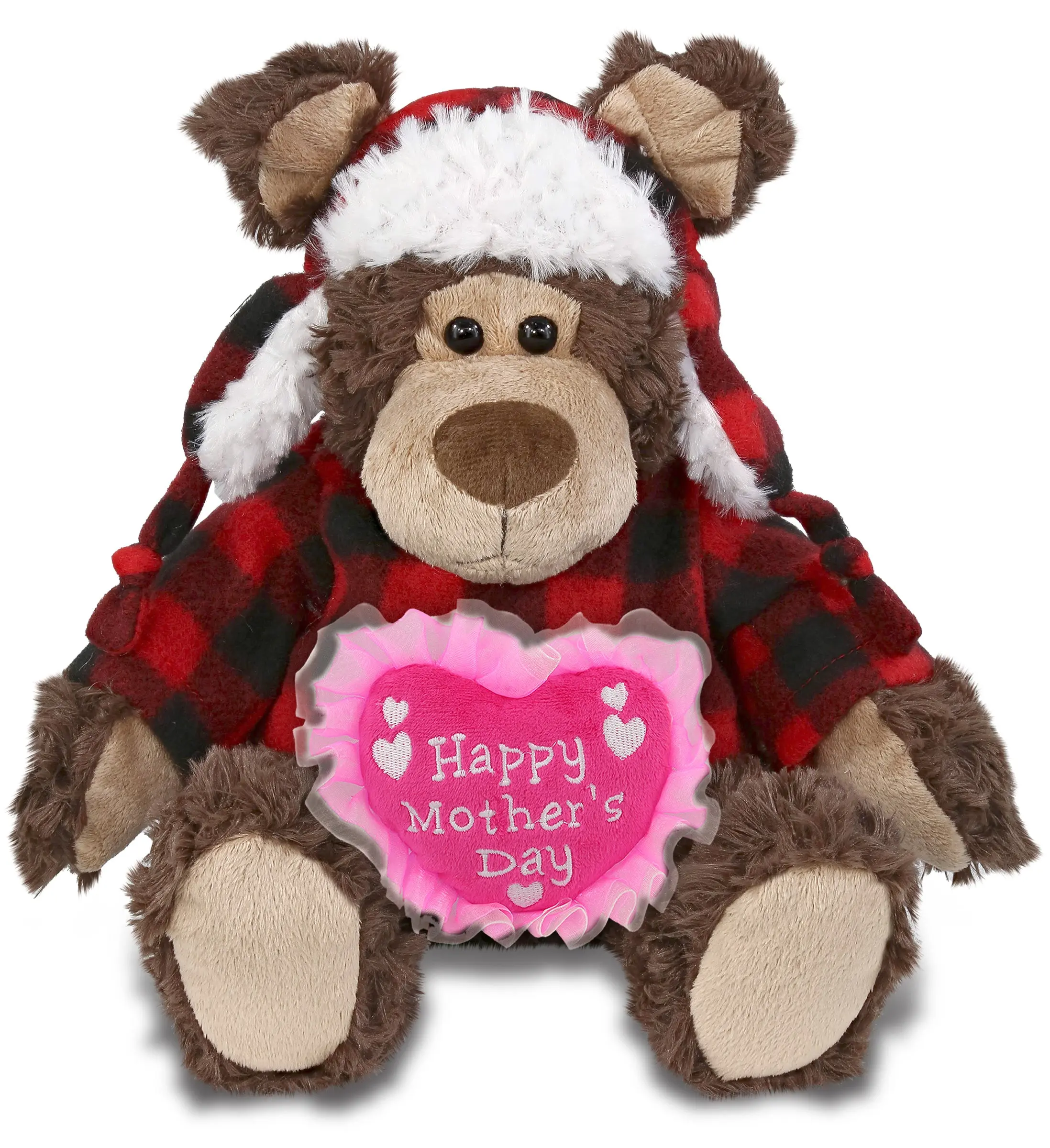 DOLLIBU Plush Grizzly Bear Stuffed Toy - Super Soft Durable Polyester Fabric - Red Plaid Outfit - Customized Pink Embroidered Heart - 9lx7wx9h Inches Mother Gift for Room Decor