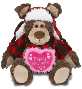 DOLLIBU Plush Grizzly Bear Stuffed Toy - Super Soft Polyester - Red Plaid Outfit - Embroidered Heart - Mothers Day Gift
