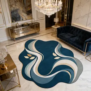 1 piece, Bohemian style blue wave pattern rug, living room rug, irregularly shaped rug, washable and machine washable, non-slip, suitable for living room, entrance, bedroom, study, area rug.