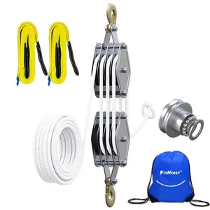 Block and Tackle 4400LBS Breaking Strength Heavy Duty Pulley, 65 Ft Rope Pulley, 7:1 Lifting Power Pulley System, Pulley Hoist with 2 Pcs 8 Ft Lift Sling