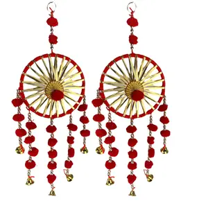 LoveNspire 2-Piece Hangable Ethnic Woollen Stuffed Ring Wall Hanging Set - Rajasthani Traditional Handicraft Wind Chime, Fabric Garland Backdrop Ornaments with Plastic Accents for Home, Office Decor