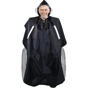 Wheelchair poncho rain cape cover for adults with semitransparent hood and waterproof zipper 300d wheelchairs raincoat rain protection windproof with reflective strips for mobility and scooters