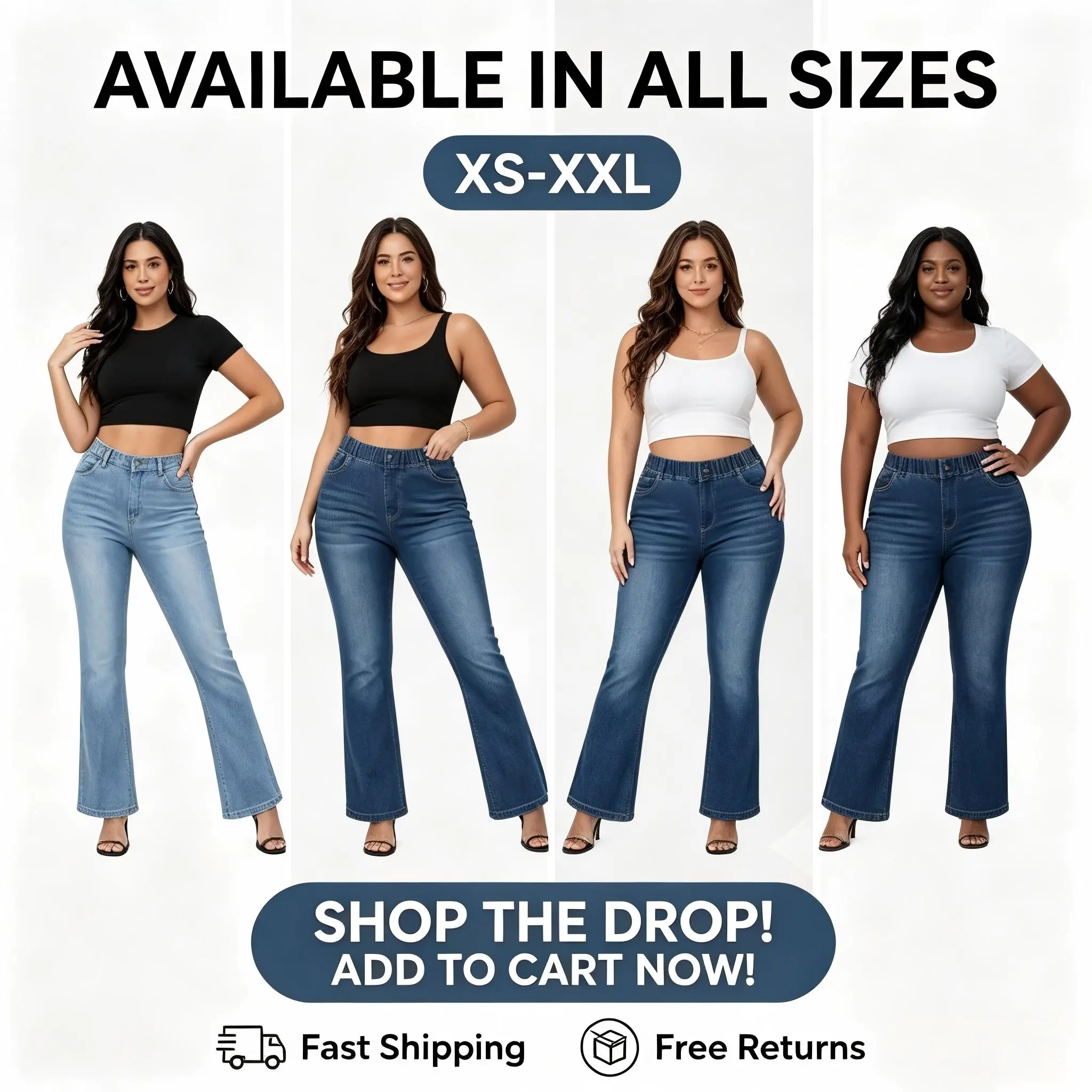 High Waisted Flare Jeans / Pull-On / Elastic Waist Women's High Waisted Pull-On Flare Jeans - Mega Stretch Elastic Waist Bootcut Denim Pants, Comfy Work to Everyday Outfits Womenswear Bottom Trouser Streetwear Basic Minimalist