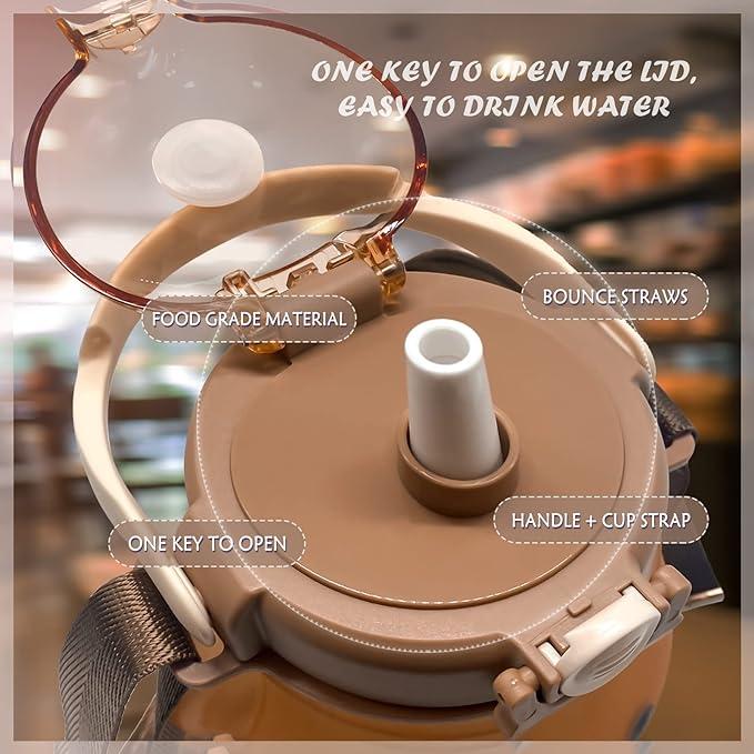 Cute Bear Water Bottle with Strap and Straw, 32oz Kawaii Water Bottles, Leak-proof Plastic Drinking Cups Camping Picnic Hiking Travel