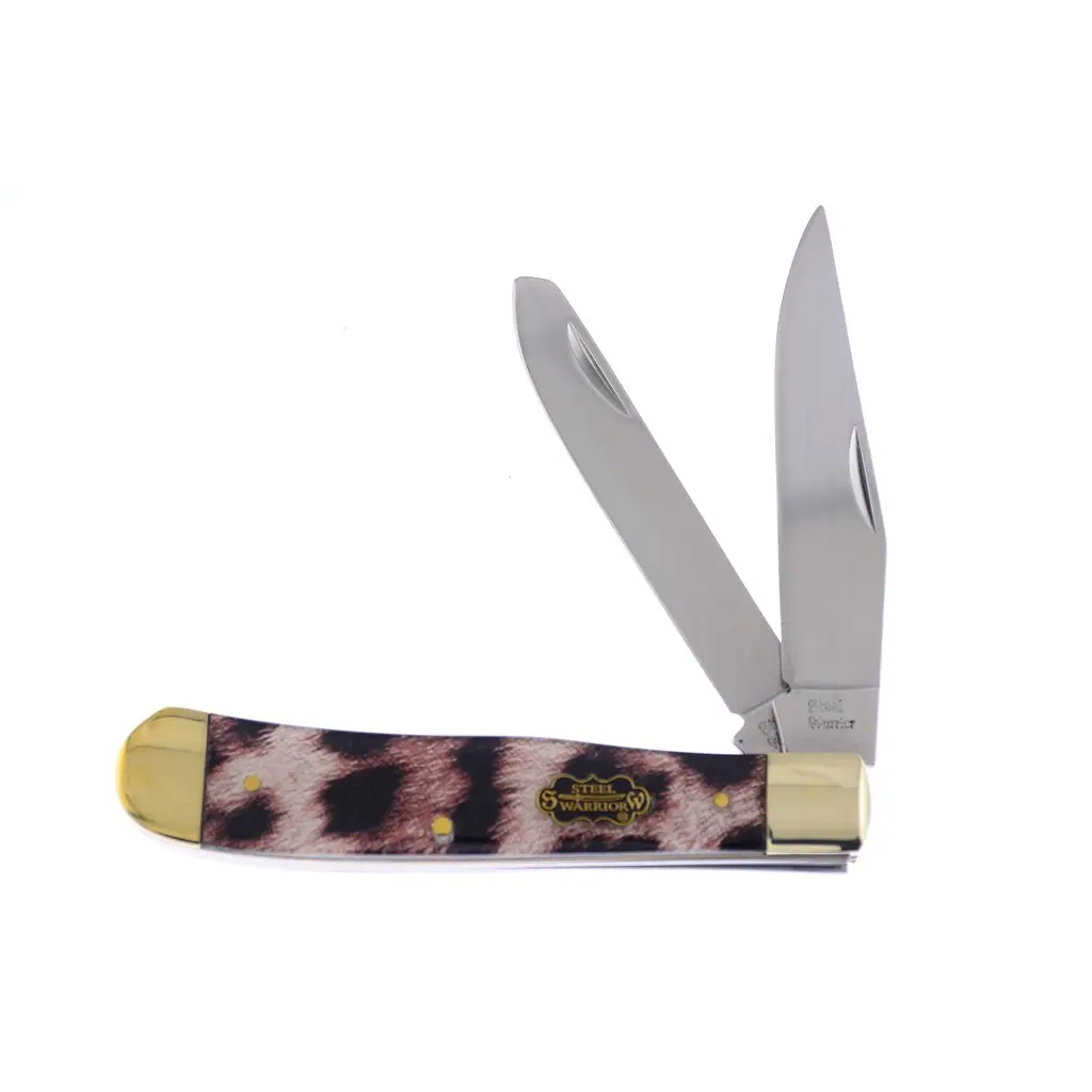 Steel Warrior Cheetah Print Trapper Folding Knife - 440 Stainless Steel, 3.25 in Blade, 5 in Hand Tool, Acrylic Accents, Brass Details, Snap Down, Great Functionality, EDC for Adults, Hiking, Hunting, Compact