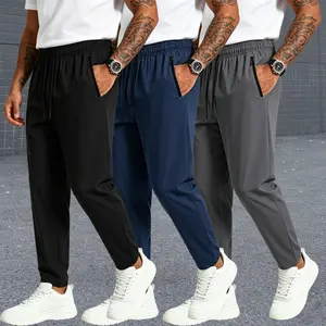 Men’s 3pack Plain Stylish Casual Straight-Leg Pants - Mid-Rise Drawstring, Stretch Wrinkle-Resistant Shape-Retaining Summer Fabric, Minimalist Design, Zippered Pockets, Suitable for Everyday & Leisure Outfits (Black+Dark Blue+Dark Gray)