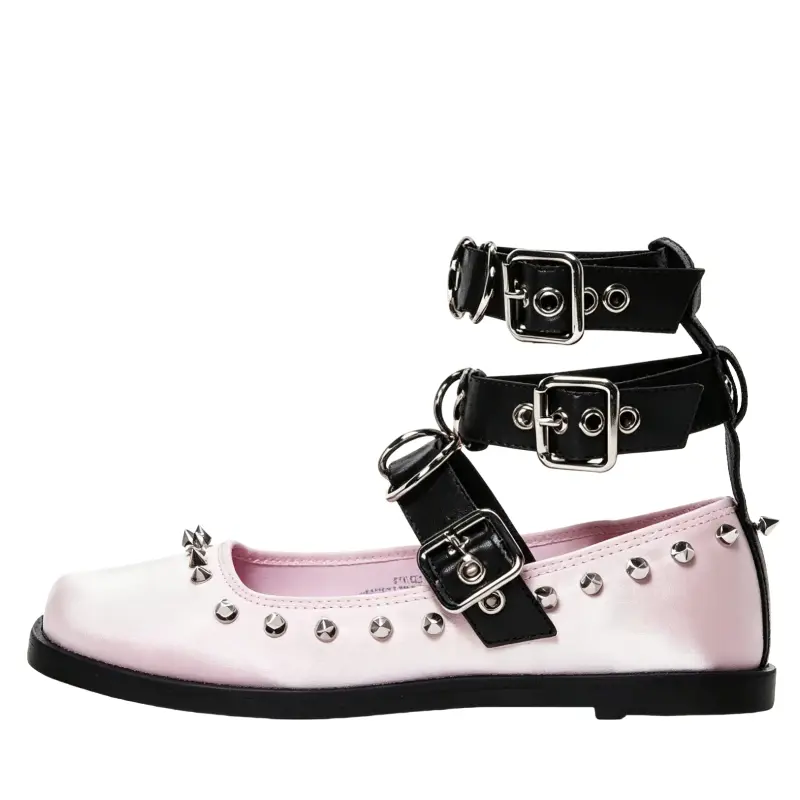 Custom Made Pink Satin Studded Ballet Flats with Multi Ankle Straps Womens Gothic Punk Mary Jane Shoes Y2K Alt Aesthetic Buckle Flats Comfortable Edgy Casual Footwear