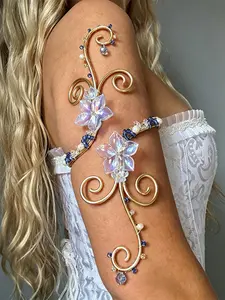 Fairy Wind Crystal Flower Arm Ring Set, Handmade Silver Color Wire Wrap, Multicolor Floral Design, Unisex Accessory for Cosplay & Photography