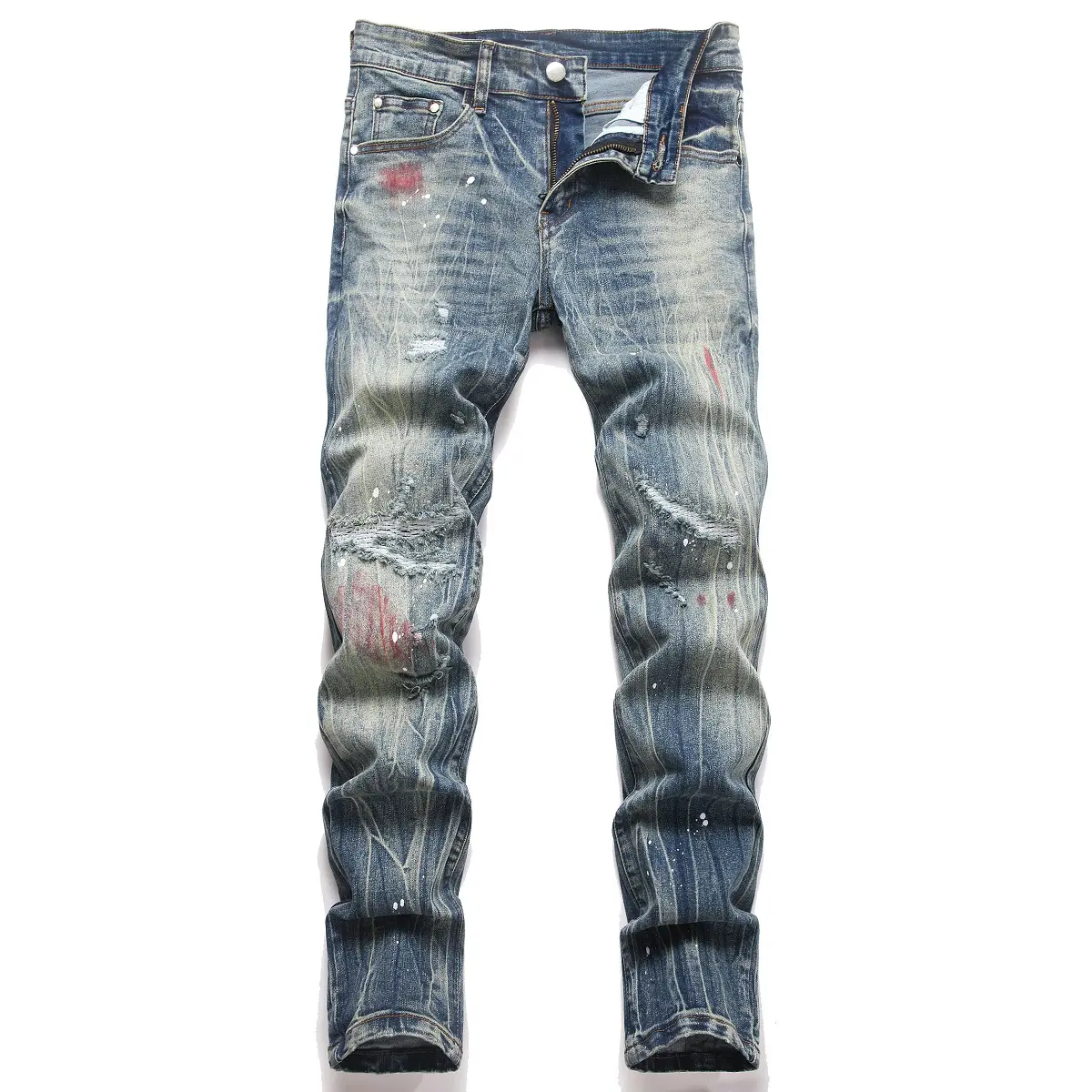 XIMXIMMTIAN Men's Distressed Slim Bootcut Jeans, Biker Streetwear Style in Acid-Wash Stretch Denim