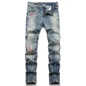 XIMXIMMTIAN Men Distressed Jeans Designer Casual Street Tear Fashion Straight Slim Fit Stretch Water Washed Retro Biker Denim Pants