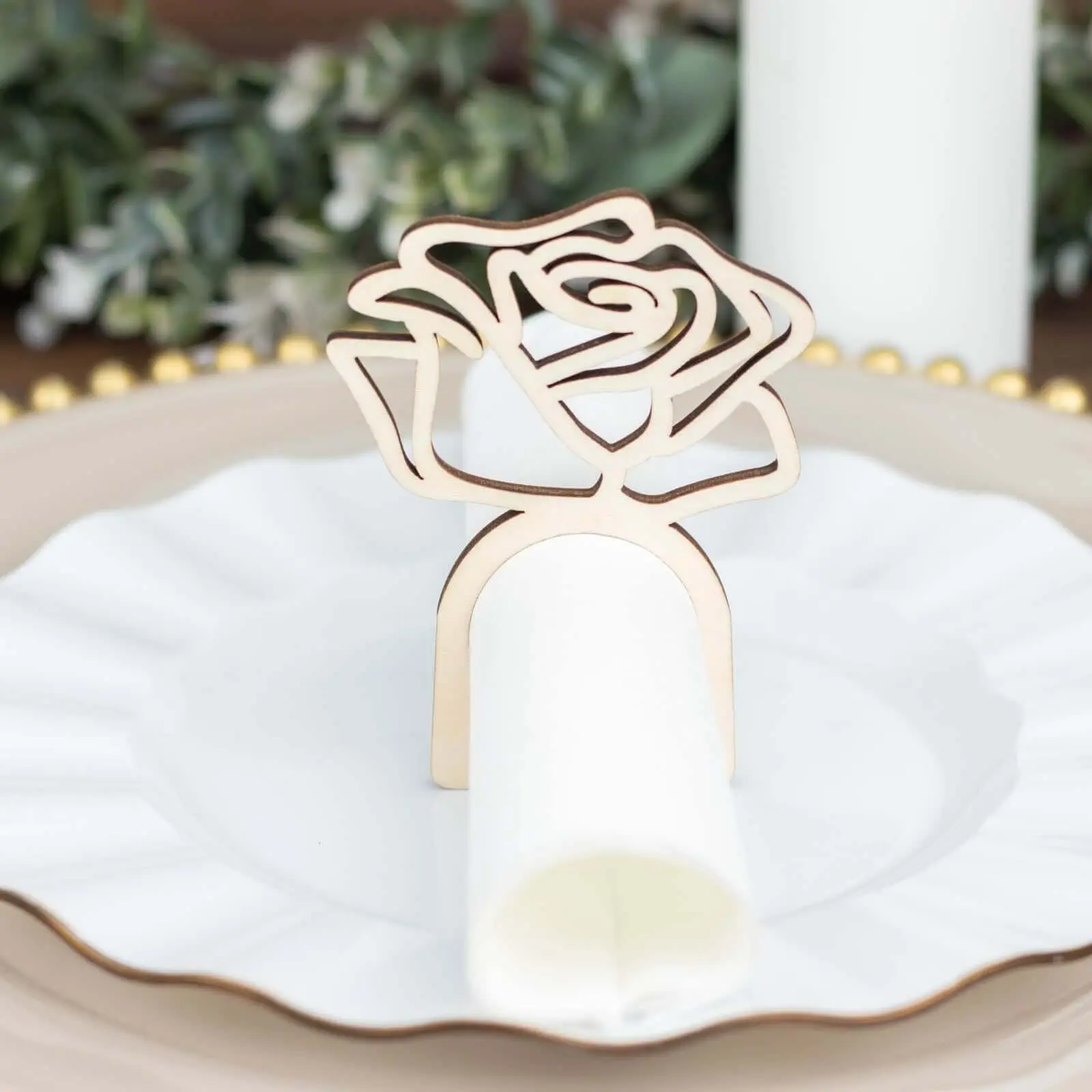 10-Pack Rustic Farmhouse Kitchen Napkin Rings, Wooden Laser-Cut Rose Design Napkin Holders, 4" in Size