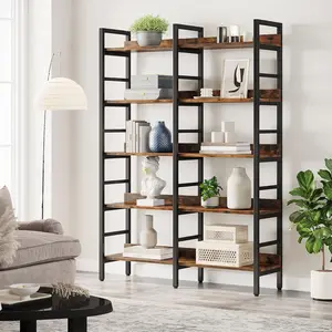 LITTLE TREE 5-Tier Industrial Bookshelf, 71”H x 47”W Etagere Bookcase, Freestanding Double Wide Book Shelf for Storage and Display, Wood and Metal Bookshelves for Living Room Home Office ikea
