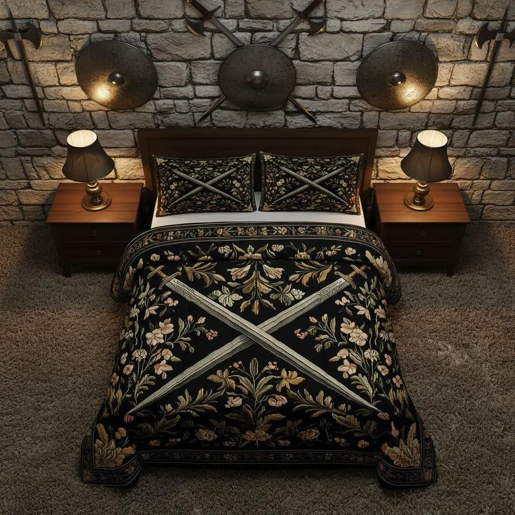 Medieval Style Swords Comforter Set Country Rustic Flowers Comforter Knight Theme Sword Bedding Set Bedroom Decor Fashion Black Yellow Quilt Duvet