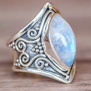 Vintage Boho Marquise Blue Moonstone Antique Silver Ring Boho Style Rings Moissanite Ring Band