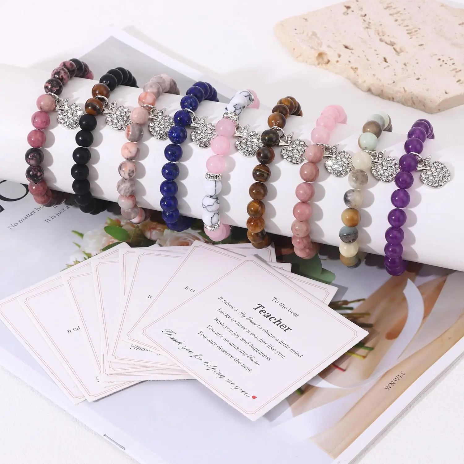 9-Stone Beaded Bracelet Set, Stackable Bangles Bracelets with Adjustable Stainless Steel Fruit Charms & 9 Gift Cards, Ideal for Teacher Appreciation, Teacher's Day, Graduations, Stackable Bracelets