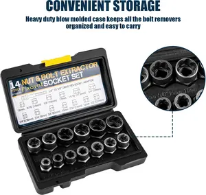 Bolt Extractor Kit, 14Pcs Cr-Mo Steel Bolt Extractor Set, 3/8" Drive Impact Bolt & Nut Remover Socket Tool Kit, Stripped For Damaged, Frozen, Studs, Rusted, Rounded-Off Bolts, Nuts & Screws