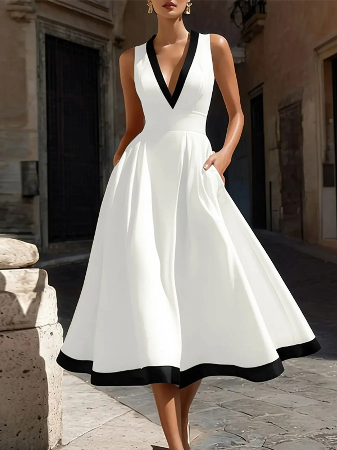 Women's ZANZEA V-Neck Sleeveless Colorblock Hem A-Line Dress with Waist Cinch, Boho Flowy Attire, Comfortable and Stylish Casual Dress for Daily Outings