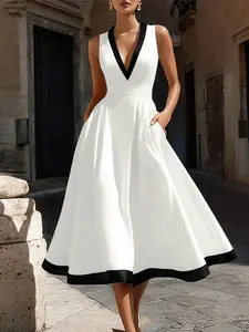 ZANZEA Women's Casual Wear Dress, V Neck Sleeveless, Colorblock Hem, Waist Cinch a Line Design, Perfect for Daily Outing, Comfortable and Stylish