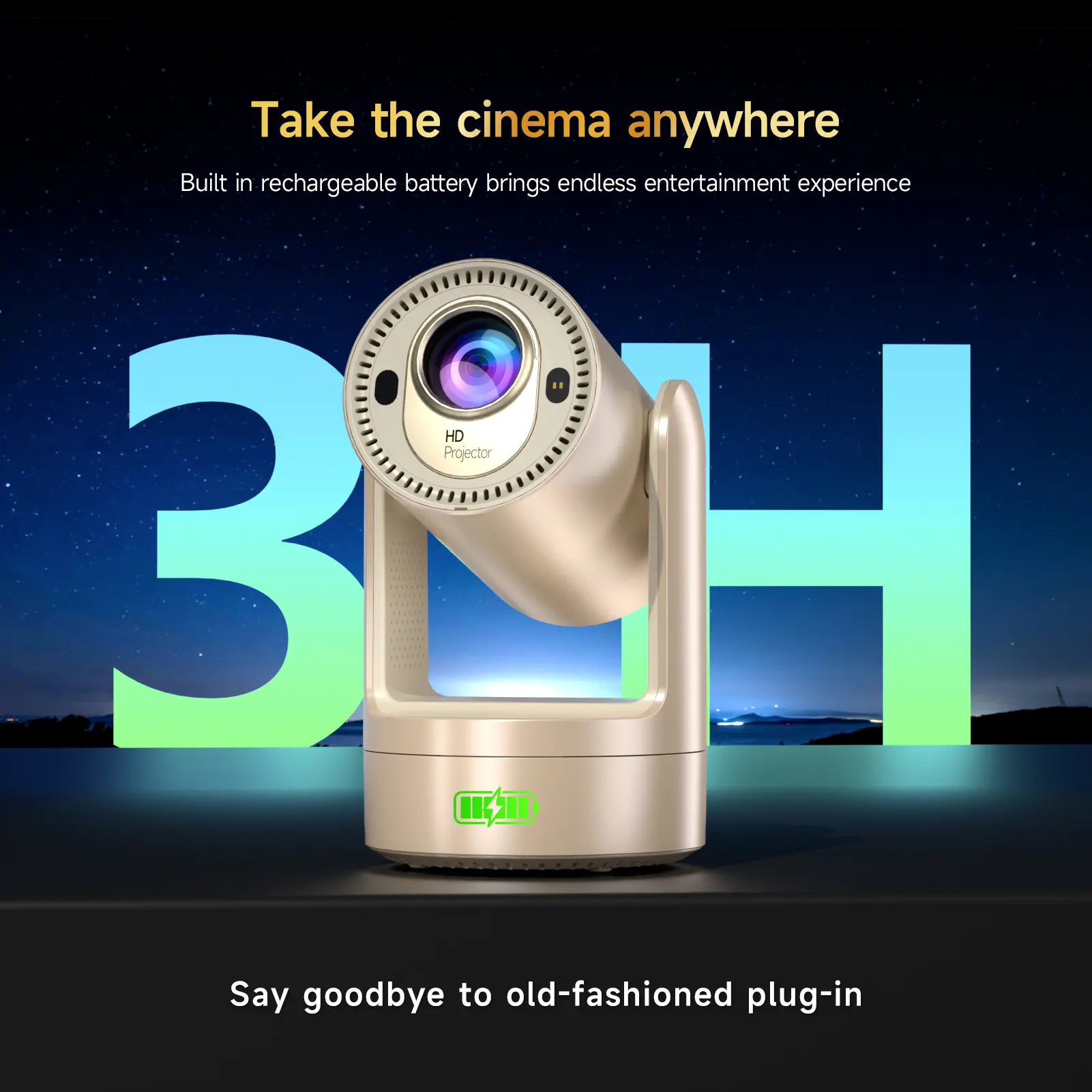With batteries Rechargeable Mini Android Outdoor projector, 800ANSI native 1080P resolution, auto focus and auto trapezoidal correction, 200-inch screen WiFi6 bt5.2 multi-functional UHD outdoor entertainment projector.