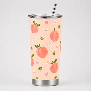 Cute Peach Print Insulated Tumbler with Lid and Straw, Stainless Steel Travel Mug, Reusable Vacuum Flask for Coffee Tea Water and Cold Drinks, Pink Fruit Drinkware Gift for Women Girls