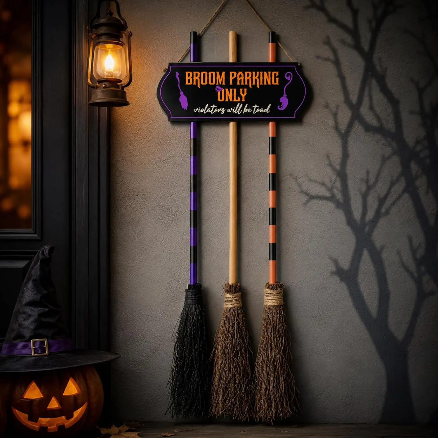 Halloween Porch Decorations, Halloween Broom Parking Sign with 3 Wooden Witches Brooms, Witch Porch Decor, Outdoor Halloween Decorations for Front Porch, Wall, Home, Office, Indoor Outdoor