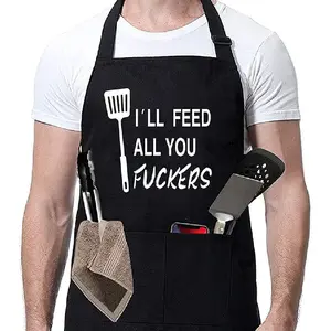 Funny Black Chef Aprons for Men Adjustable BBQ Grill Kitchen Cooking Aprons with Pockets, Grill Accessories