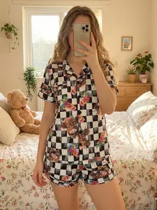 Women's Chessboard & Highland Cow Print Pajama Set, Short Sleeve Shorts, Soft Comfort Homeewear, Button Front Casual, Plaid Print Pajama