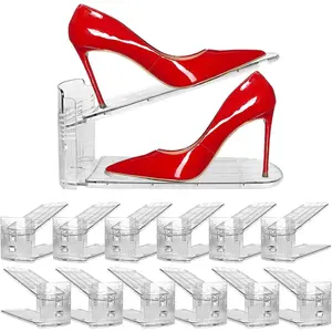 12 Pack Clear Shoe Slots Organizer - Adjustable Height 3.7''to 7.7'' Shoe stackers for a pair of shoes ,Shoe rack storage shoe space saver 50%,Easy to assemble shoe hold shoe organizer for cloest