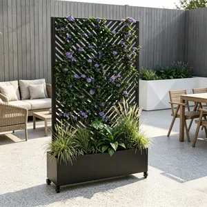 Summervibes Metal Planter Box with Trellis, 73"x47"x16" Metal Raised Garden Bed with Trellis, Metal Planter Box with Drainage Holes & Lockable Wheels & Privacy Screen for Climbing Plants, Vegetables, Vines