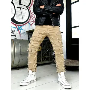 Bdhjydb Men'S Khaki Ripped Skinny Jeans |   Distressed Design with Extreme Fringing Details, High Stretch Elastic Fabric, Casual Street Style, High Fashion, Suitable for Spring and Summer