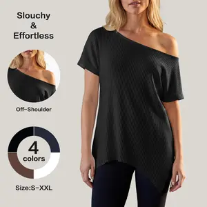 Fisoew Womens Ribbed Knit Asymmetric Off-Shoulder Tunic Top Loose Fit Short Sleeve Casual Blouse for Daily Wear Office & Leisure #Springtok