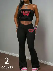 Women's Two-Piece Set, Solid Color Crop Top with Cherry Print, Slim Fit, Fitted, Spring Summer New, Bohemian Festival Style, Casual Fashion