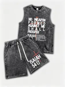 Men’s summer washed distressed cotton athletic tank top and shorts set with Christian letter print; casual loose beach shorts with waist cinching and pockets; emo style, 2000s vibe; suitable for running, golf, fishing, basketball, camping, gym, swimming,