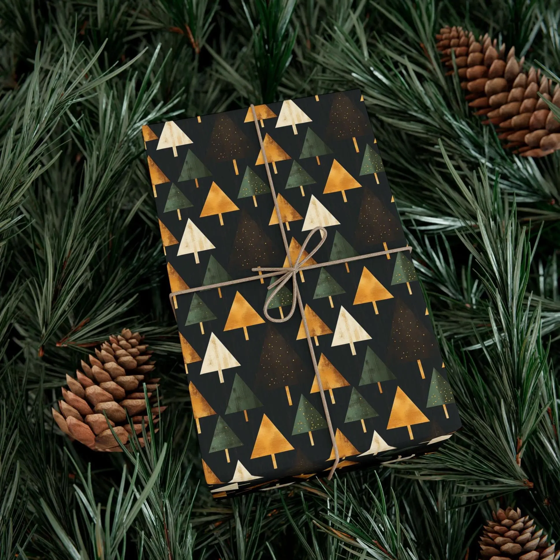 Rustic Brown Wrapping Paper Christmas Gift Wrap Holiday Paper Festive Brown Gift Wrap Masculine Winter Forest Paper Gold and Green Design