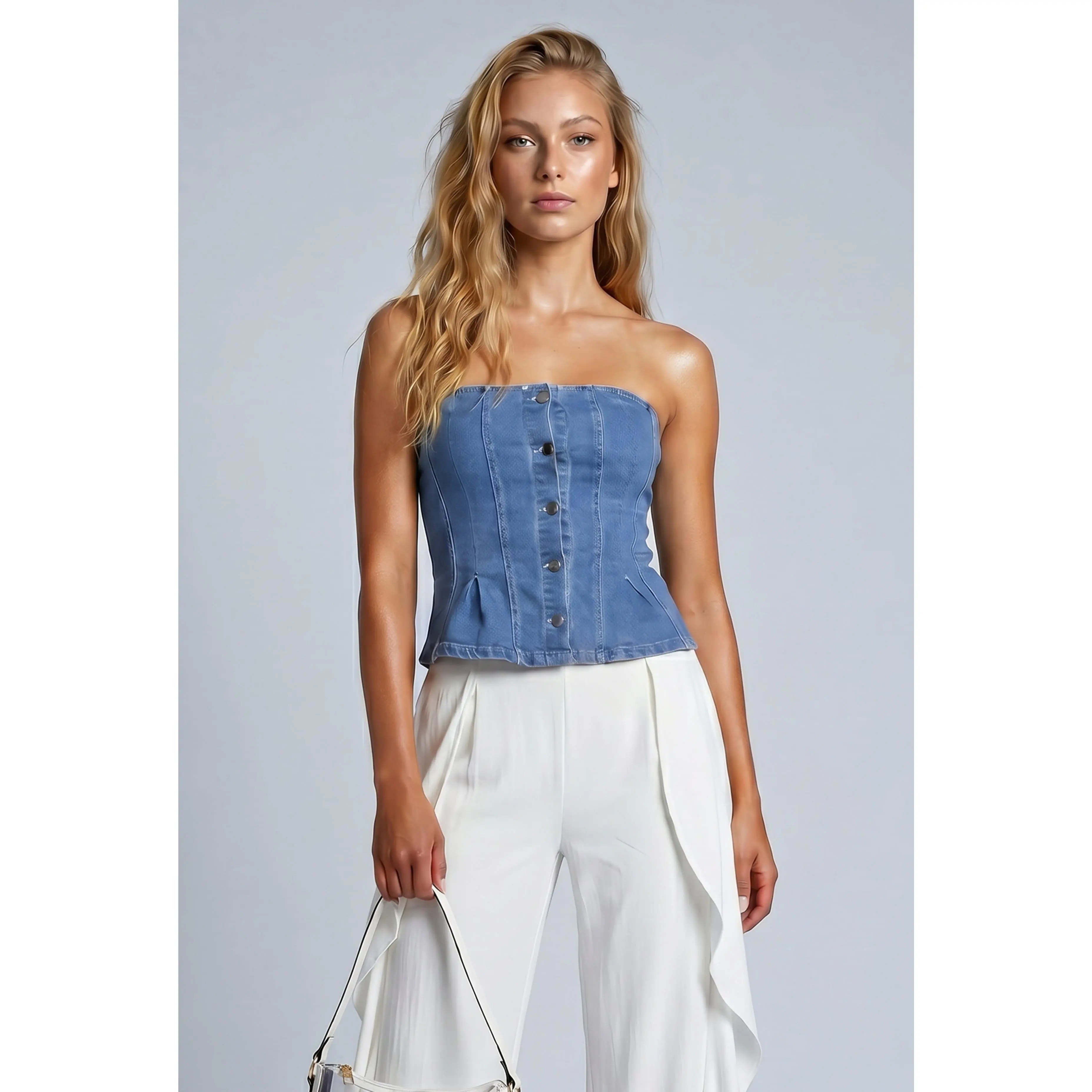 Rayne Denim Strapless Peplum Top