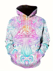 Men's 3D Mushroom Print Hoodie, Vibrant Casual Fitted Polyester Blend Sweatshirt, Large Kangaroo Pocket, Fall & Winter Fashion