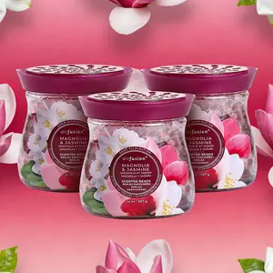 AIR FUSION Magnolia & Jasmine Crystal Beads Air Freshener 14 Oz Long-Lasting Freshness 3 Pack for Bathroom Odor Control Easy to Use Open Lid Design