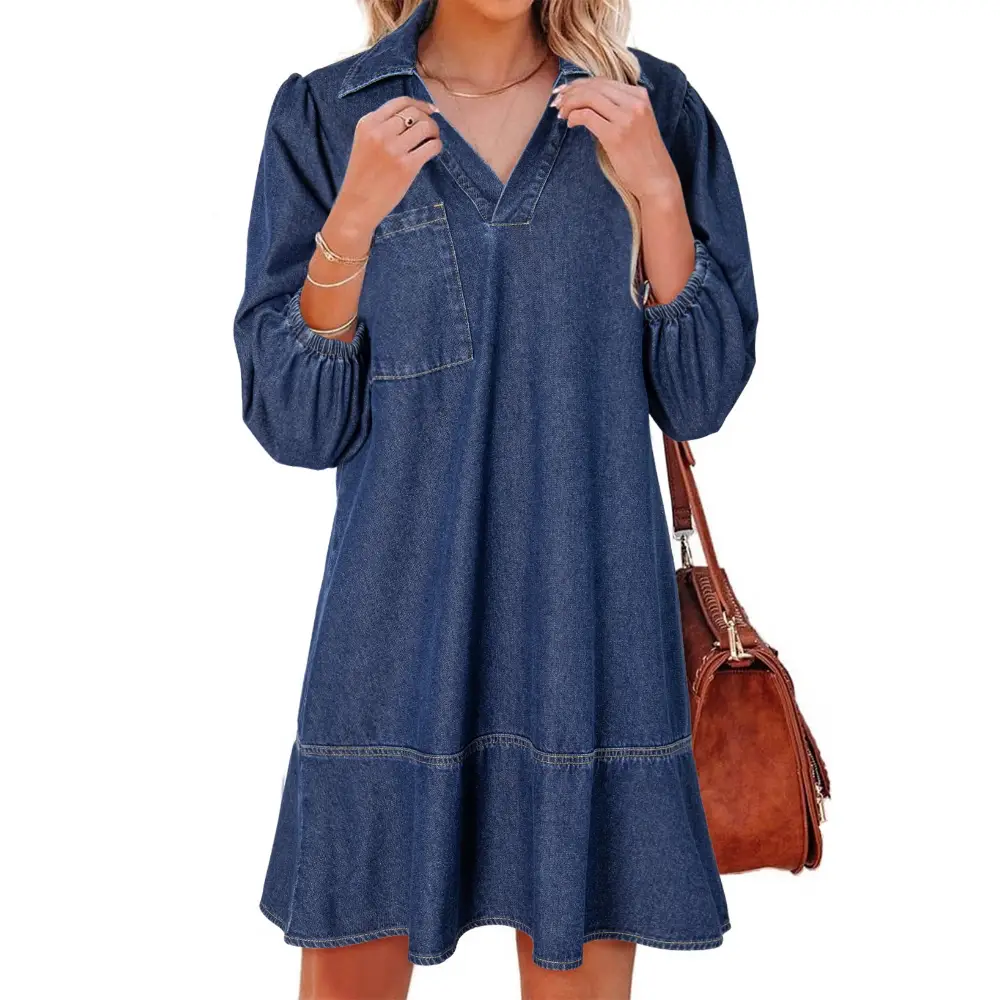 Dokotoo Denim Dress for Women Fashion Fall Casual Babydoll 2025 V Neck 3/4 Puff Sleeve Jean Dresses
