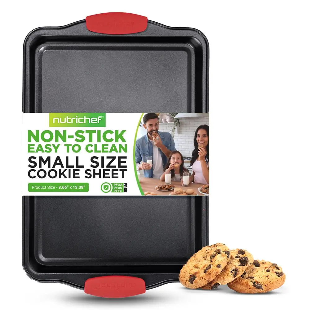 NutriChef Small Cookie Sheet |  Nonstick Carbon Steel Baking Tray with Silicone Handles - Oven Safe & Dishwasher Safe - Stackable Bakeware for Cookies, Biscuits & Home Baking