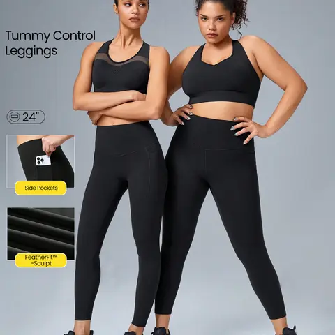 GLOWMODE FeatherFit-Sculpt Snatch It Tummy Control Pocket Soft Silicone Waistband Leggings Medium Impact Jogging Gym Cycling