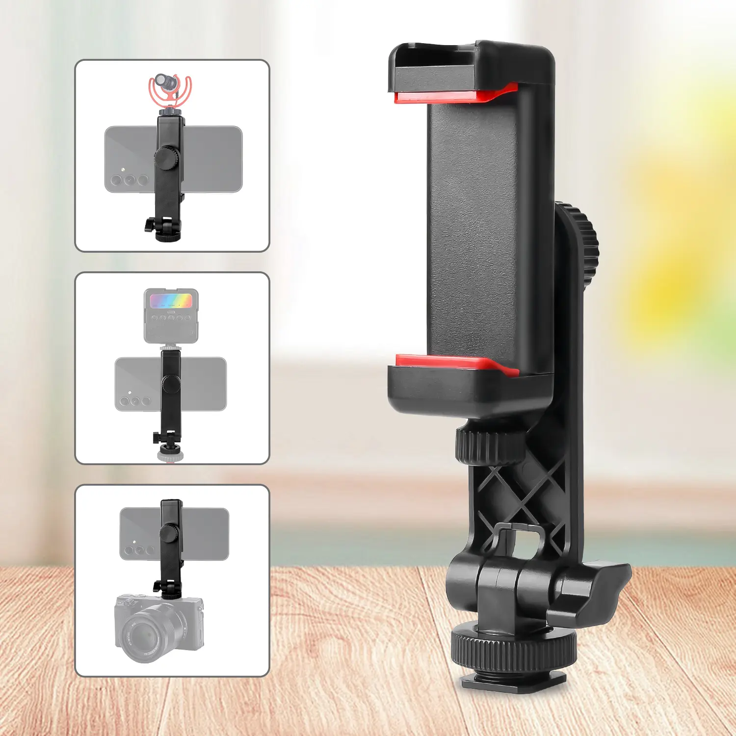 UEGOGO Phone Tripod Mount with Dual Cold Shoe - Adjustable Smartphone Holder with 1/4" Screw, Rotatable Clip, Phone Accessories for Video Recording, LiveStreaming & Photography (Black)